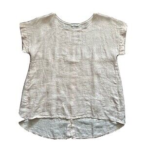 Terzo Millennio Top Large Beige 100% Linen Button Back Hi Low Hem Pullover Shirt